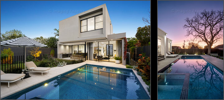 Dusk exteriors of architect designed residential properties with a pool in Brighton and Balwyn North, Victoria.