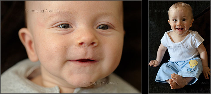 Pictured left is a smiling two month old boy. On the right is the same boy sitting up at seven months old.