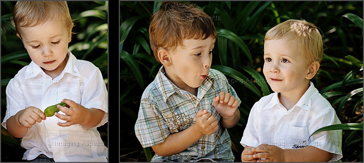 Candid photos of two brothers as they explore Hedgeley Dene Gardens in Malvern East, Victoria.
