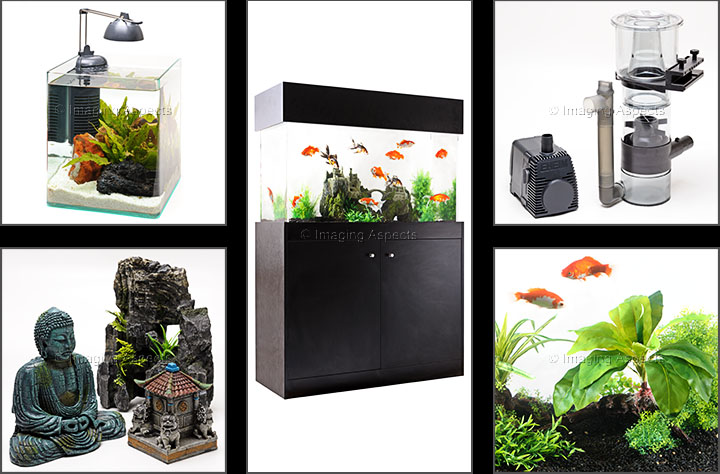 A range of aquarium products photographed on a white background for Aquatic Creations Online.