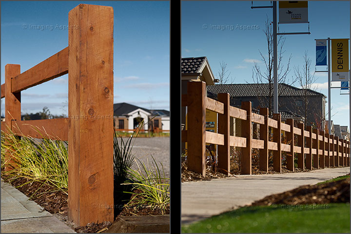 Detail photograph and telephoto long shot of post & rail fencing from Norwood Products.