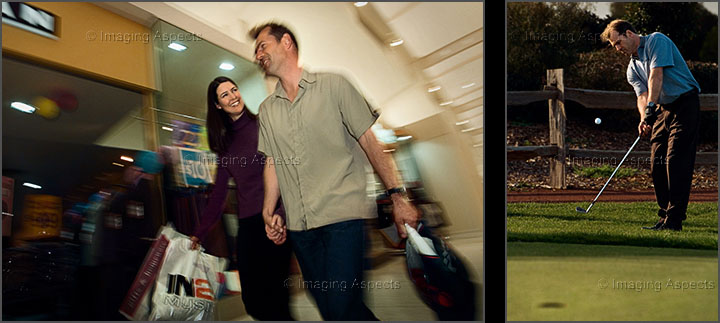 Lifestyle photos of a woman and a man shopping, plus a man playing golf.