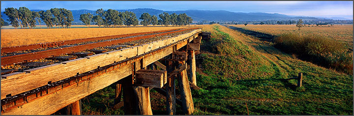Railway trestle bridge on a section of the decommissioned Lilydale railway line near Yarra Glen, Victoria.