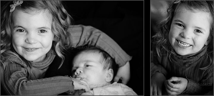 Fun photos of toddler girl interacting with her newborn brother.