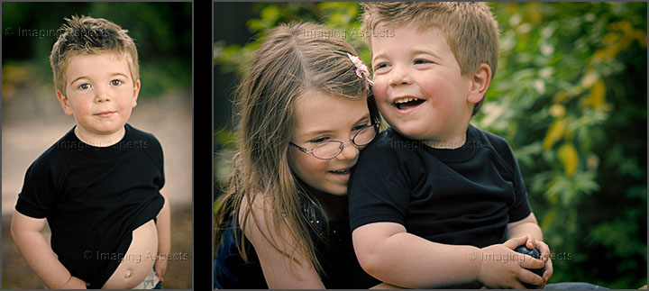 Boy and girl (brother and sister) having fun and laughing in a leafy green park setting in Malvern East, Victoria.
