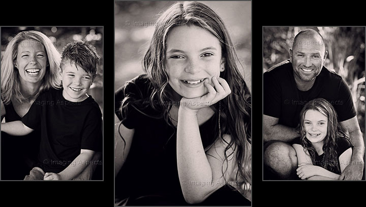 A combination of candid and directed family photos in a garden setting featuring mother with son and dad with daughter.