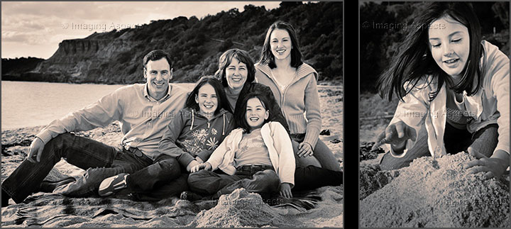A family photograph taken on the beach at Half Moon Bay in Black Rock, Victoria, plus a candid photo of a girl building a sandcastle.