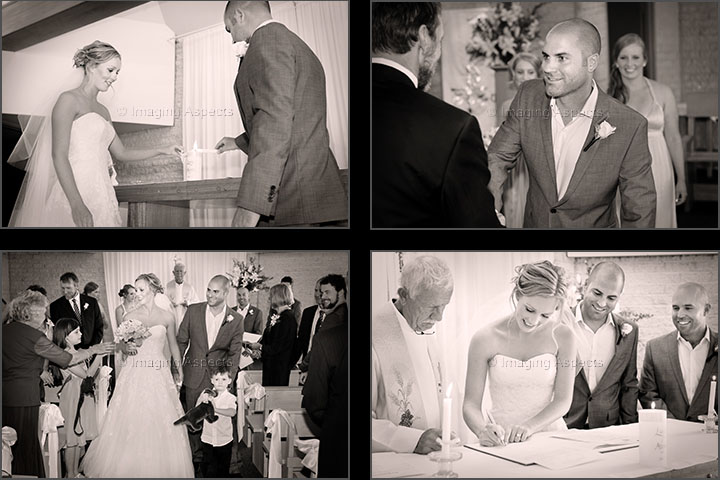 A series of candid wedding ceremony photos in which the bride and groom light a candle, sign the register and receive congratulations from their family.