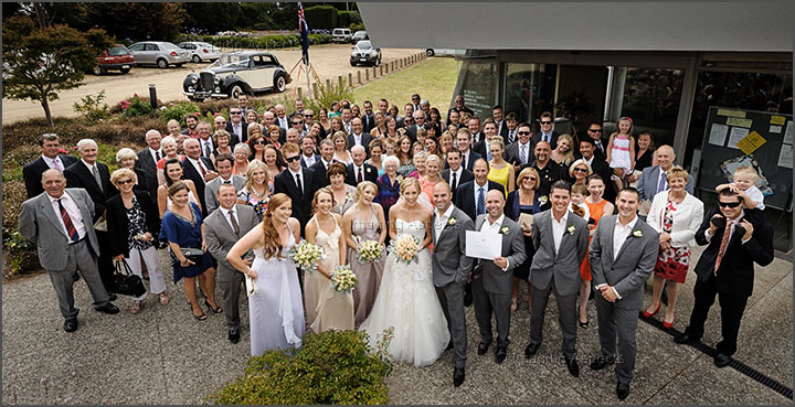 The entire wedding congregation featured in a group photo at St Peter’s Catholic Church in Shoreham, Victoria.