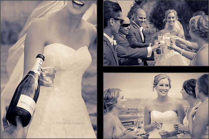 The newlyweds and their bridal party celebrate with Moët & Chandon champagne on Shoreham foreshore, Victoria.